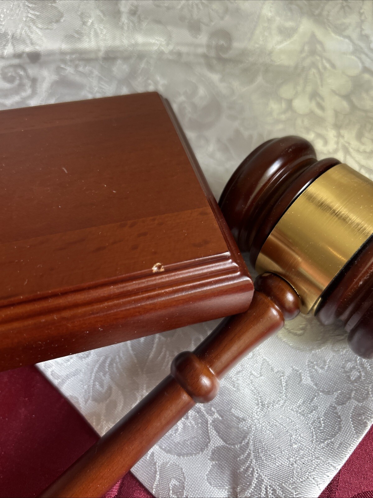Gold Tone Banded Wood Gavel and Square Sound Block Set – Dark Wooden Gavel