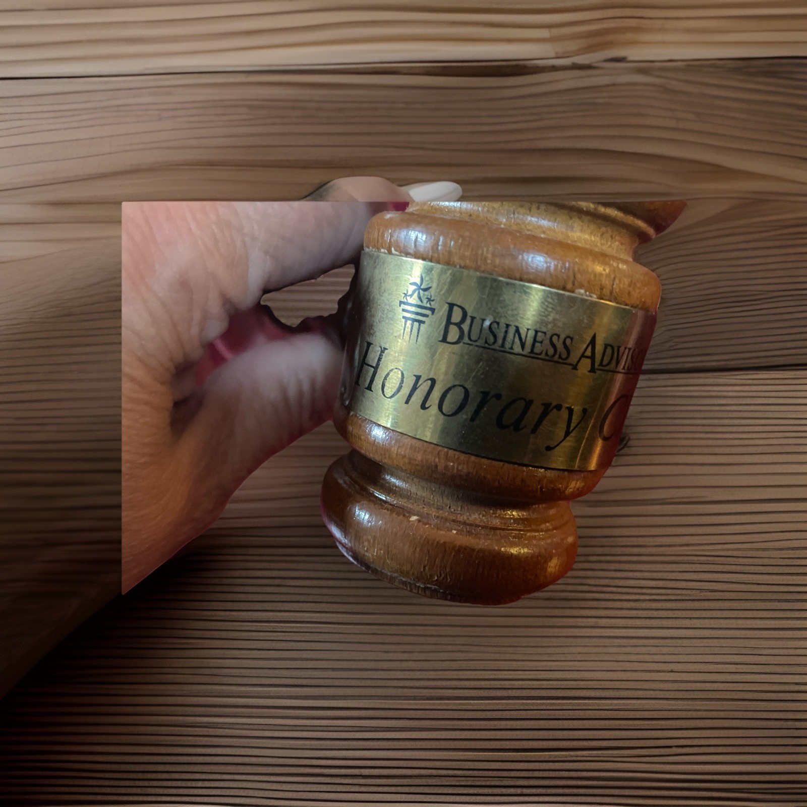 Vintage Turned Wood Gavel with Engraved Metal Band