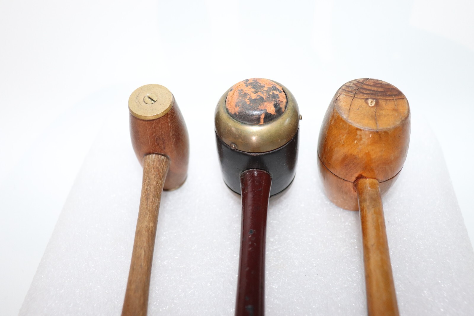 Antique Auctioneers Turned Wood Gavel Lot of 3 Brass, Leather, Wood