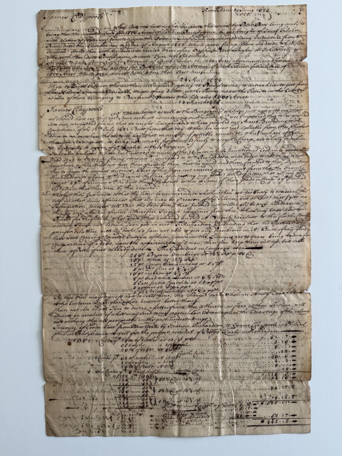 Colonial Era Manuscript Relating To William Penn, James Claypoole And Others