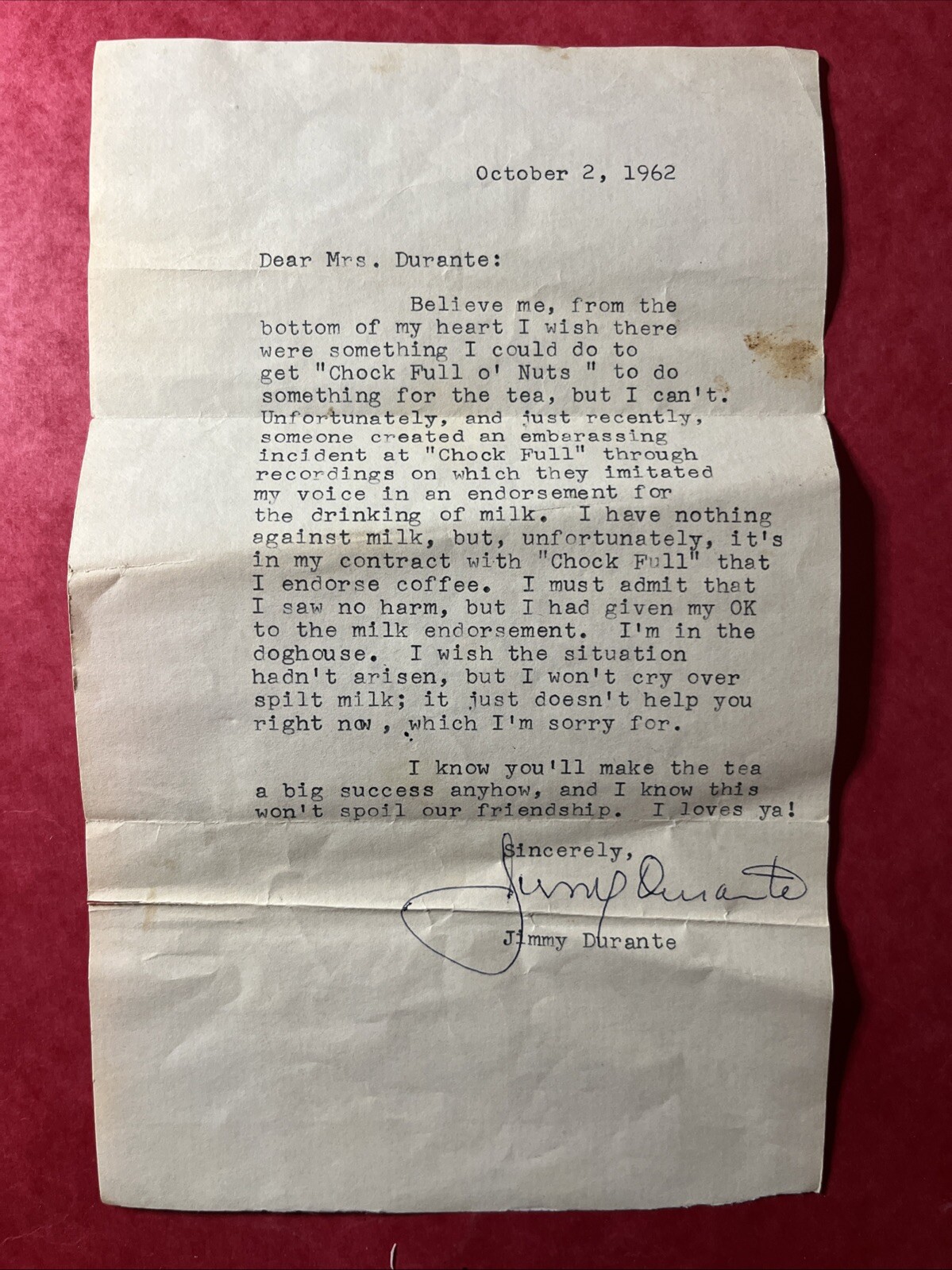 Amazing 1/1 OOAK Legal Letter Signed “Jimmy Durante” 1962 CHOCK FULL O NUTS” LAW