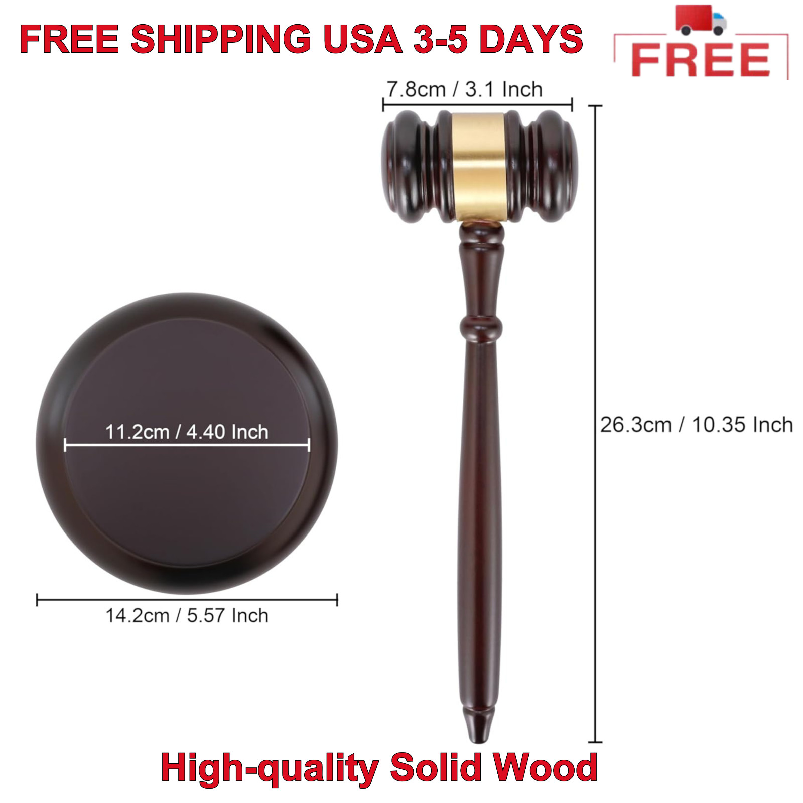 Wooden Gavel and Sound Block Set for Judges, Lawyers, Auctions, Meetings, 10.35″