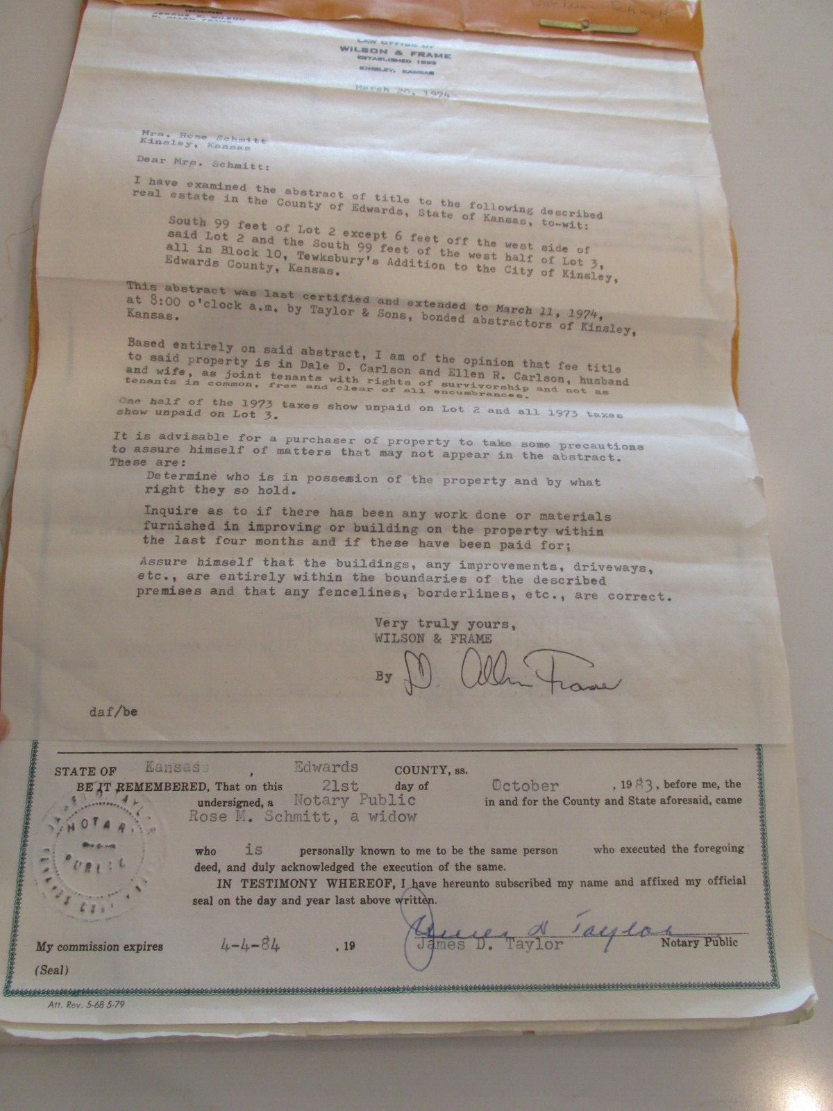 ABSTRACT TITLE FOR LAND IN KINSLEY FROM 1879 to 1983