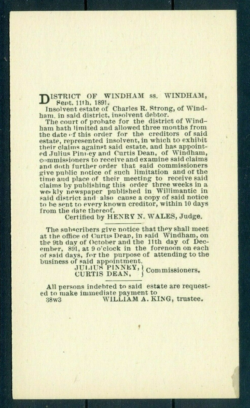 1891 USA UX9 Postal Card:Preprinted Windham Judicial Court at Putnam (CT) Notice