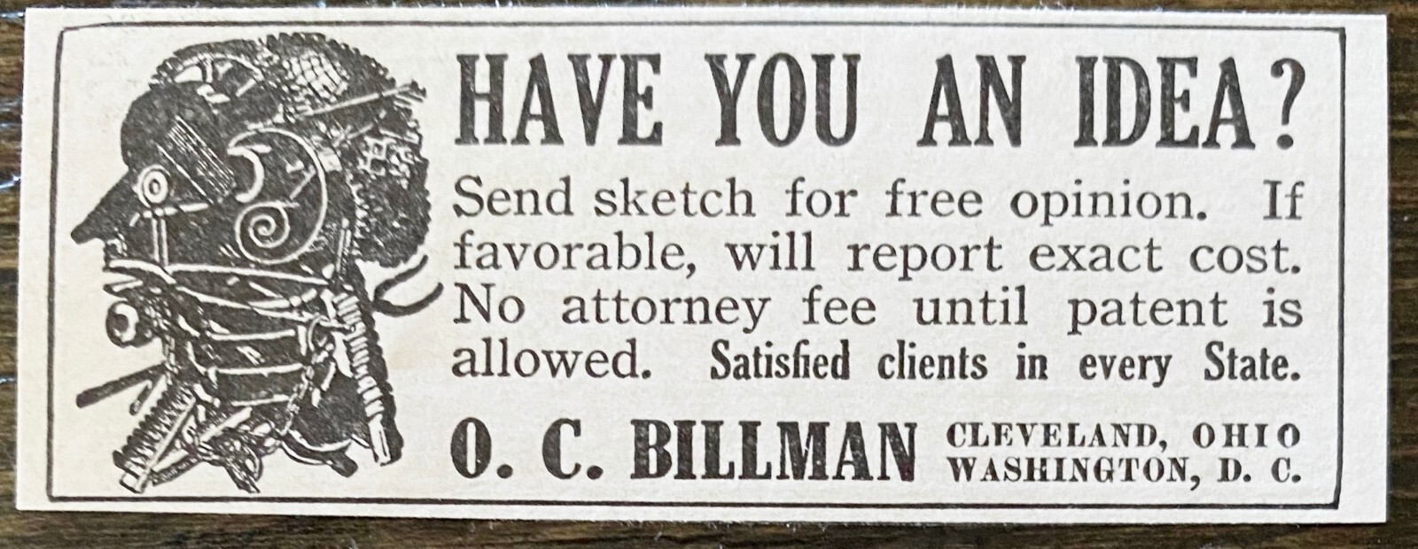Gear Head Man OBED C BILLMAN Patent Lawyer Cleveland, OH RARE! Vtg 1910 Print Ad