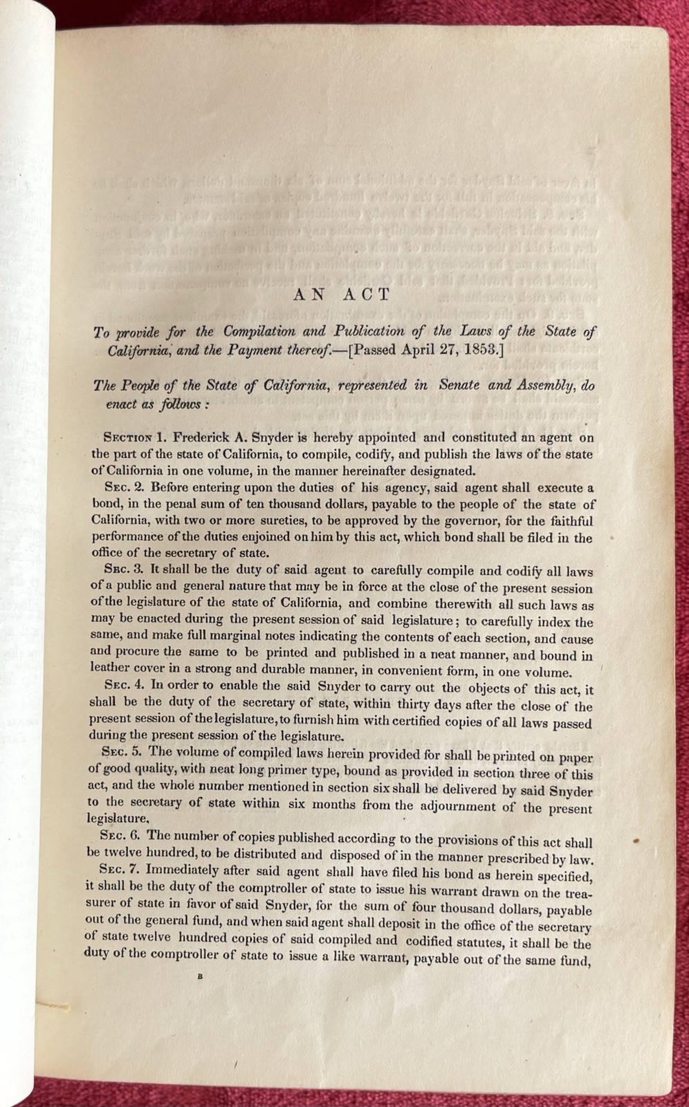 1850s COMPILED LAWS OF CALIFORNIA PASSED IN LEGISLATURE SESSIONS – RARE EDITION
