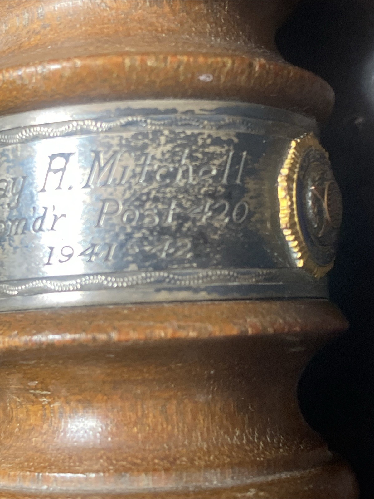 Vtg Wooden Walnut Gavel 8 1/2” Engraved To Write A Mitchell 1941 American Legion