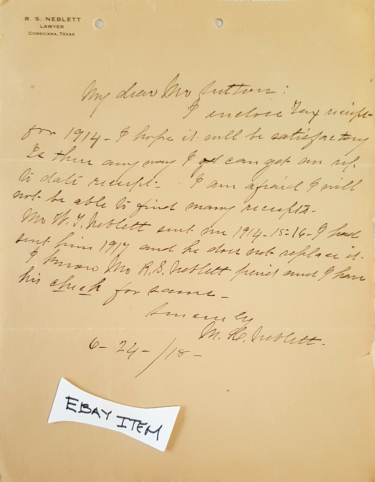 1918 CORSICANA TEXAS letterhead R.S. NEBLETT Attorney SIGNED