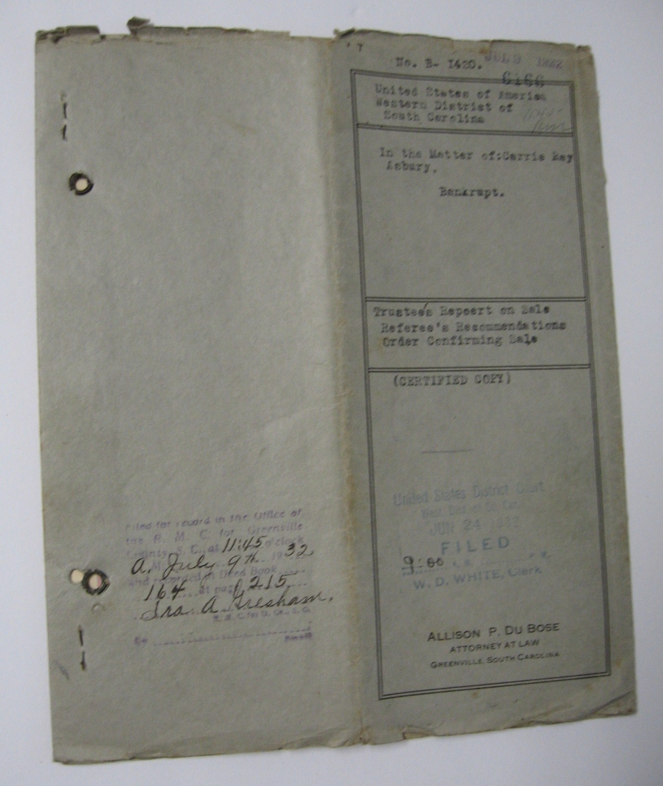 1932 Signed Bankruptcy Document Col. E. M. Blythe Attorney, Greenville, SC