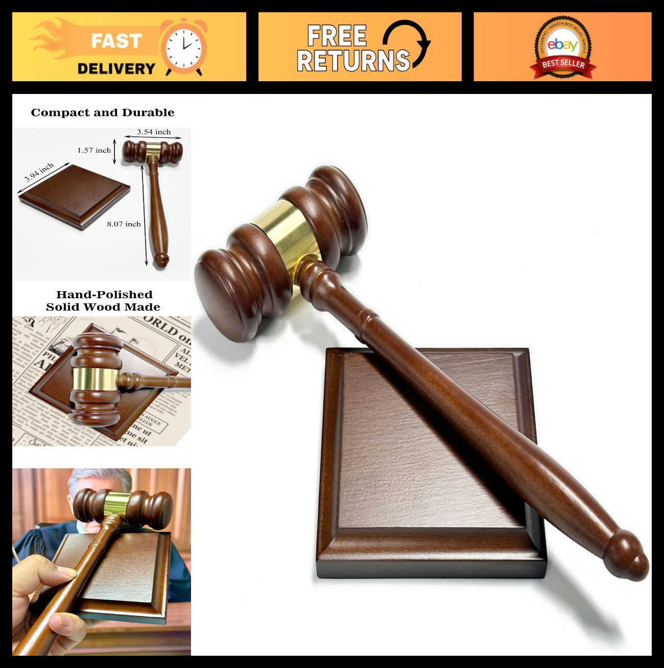 Wooden Gavel & Sound Block Set – Ideal Desk Accessory for Lawyers, Judges, Chair