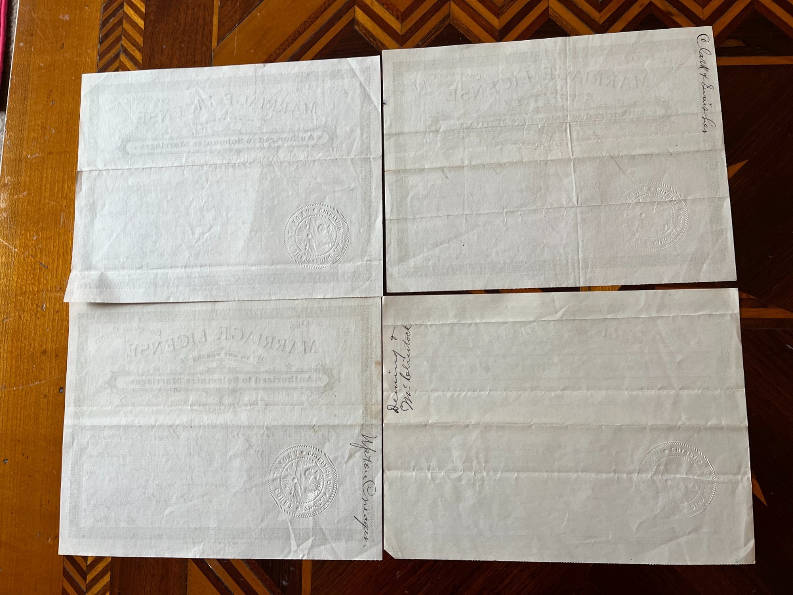 Lot of 4 Antique Marriage Licenses Champaign County Ohio Dated 1887-1889