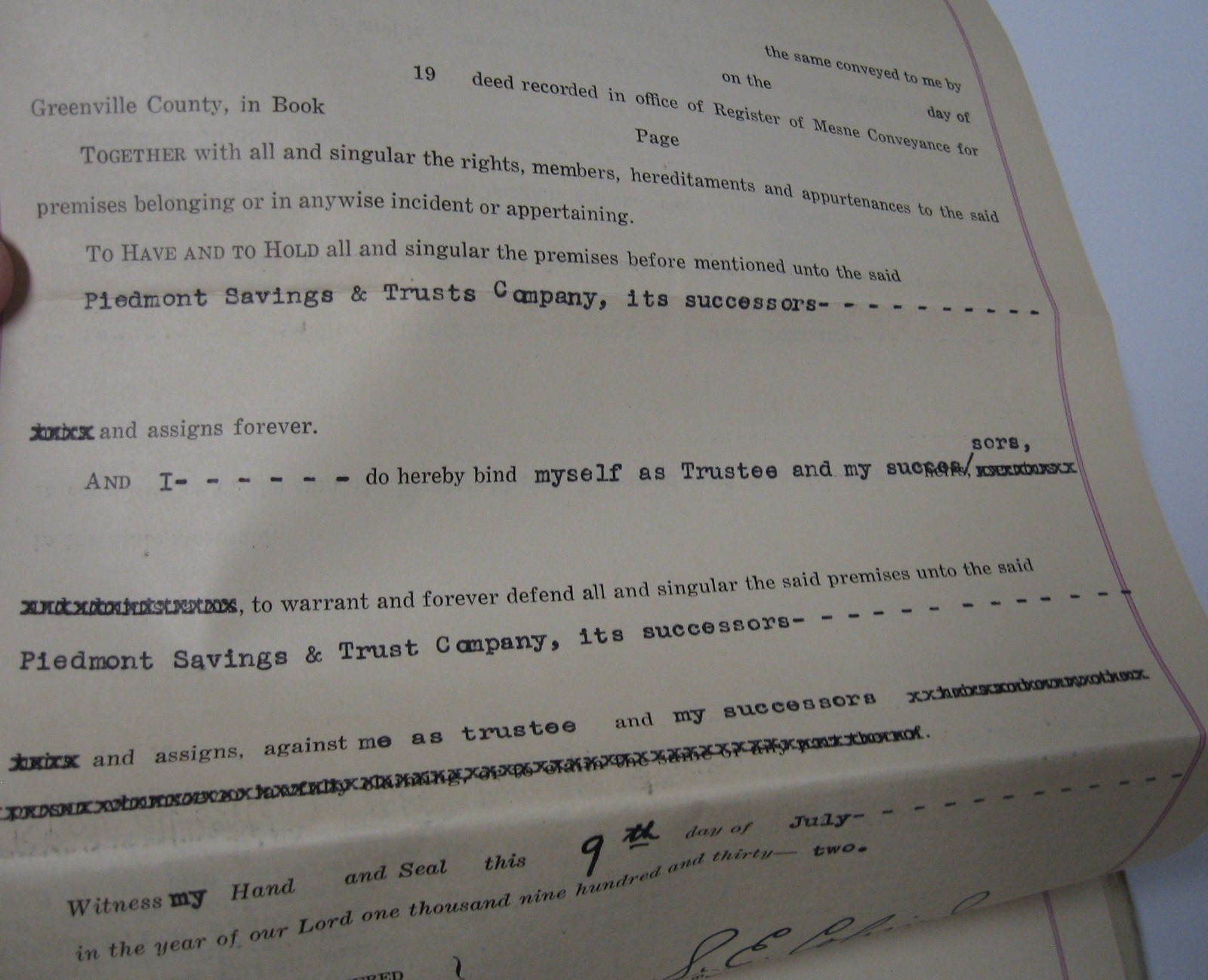 1932 Signed Bankruptcy Document Col. E. M. Blythe Attorney, Greenville, SC