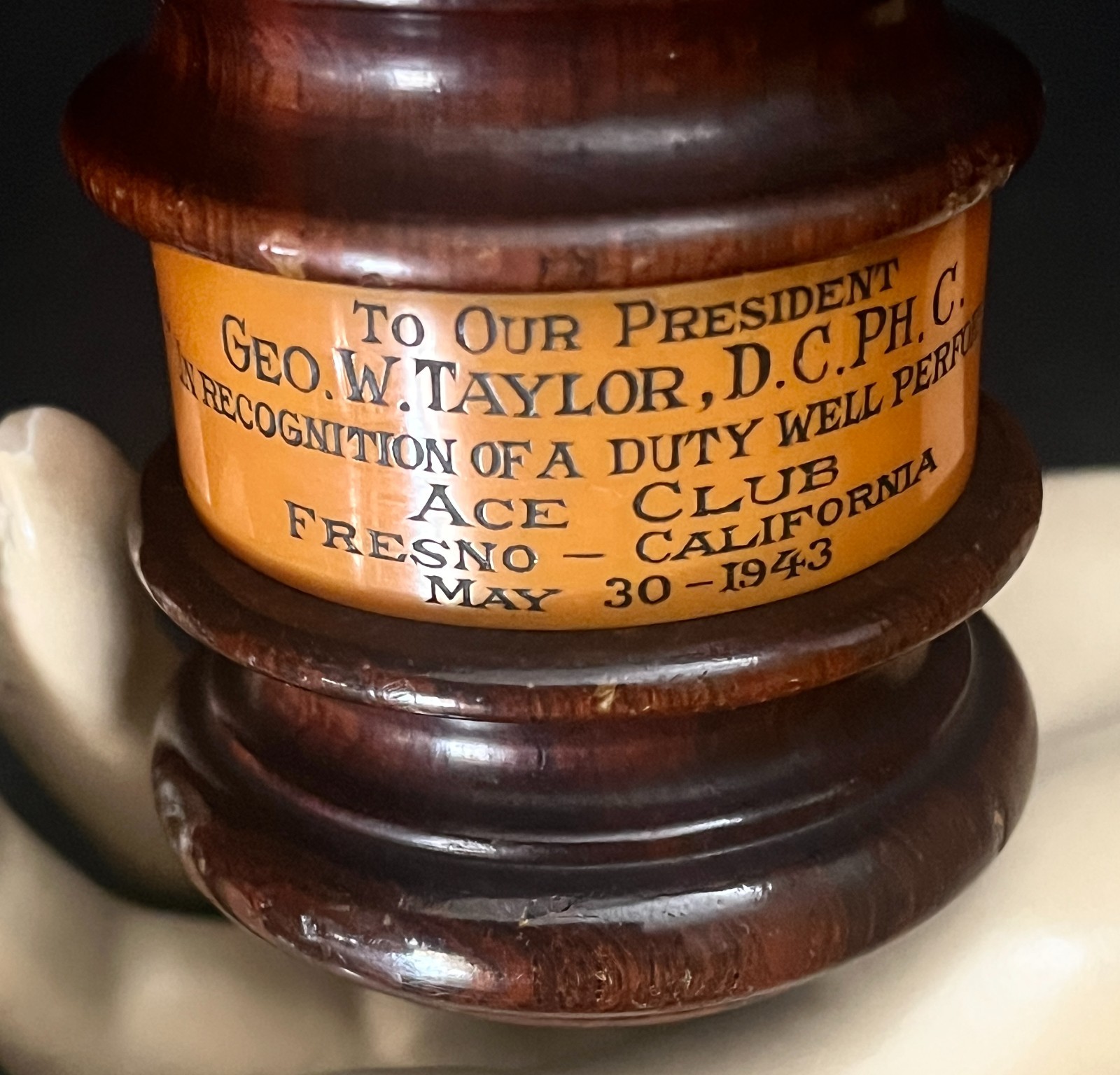 Cool 1943 Presentation, Ceremonial Bakelite & Wood Gavel, Ace Club, Fresno, Ca.