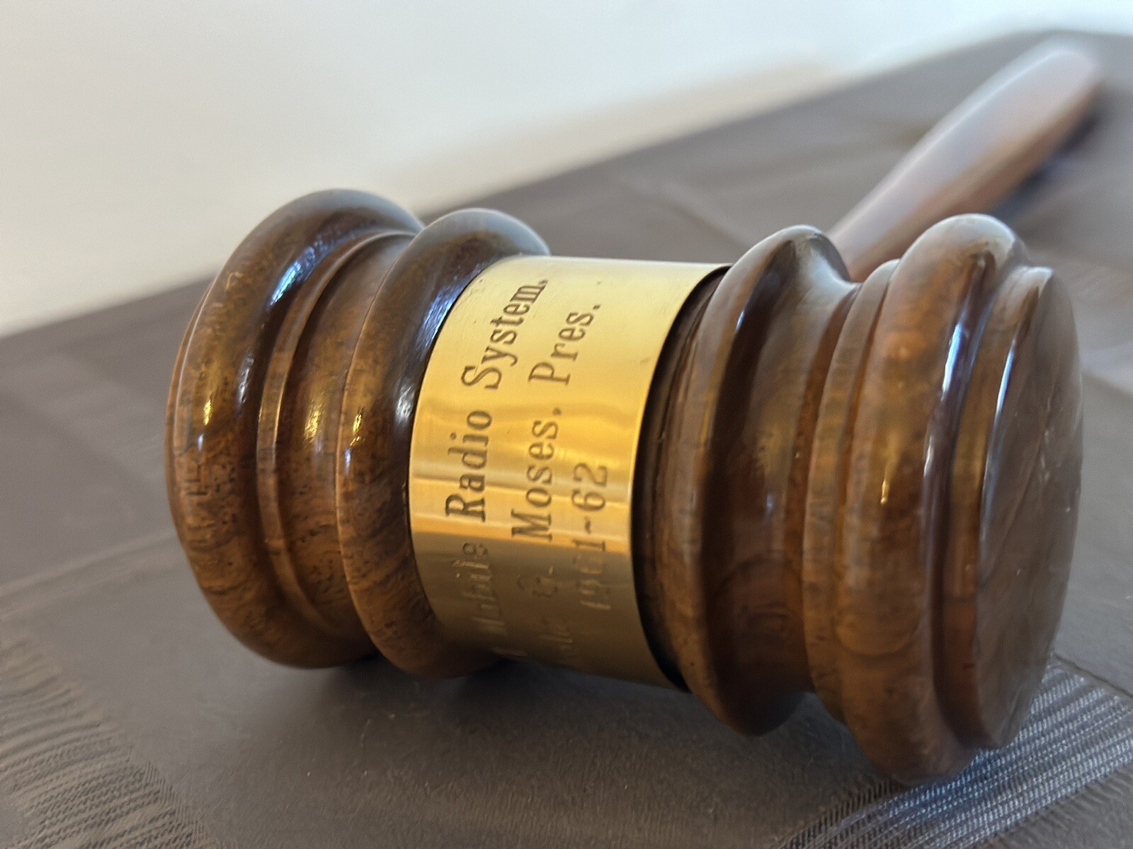 Vintage Wood National Mobil Radio Systems Judges Gavel with brass plate Engraved