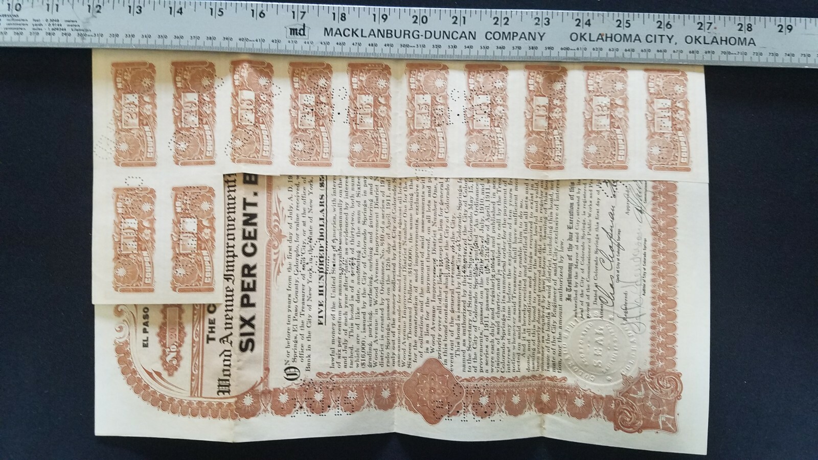 Colorado Springs, July 1910, Original $500 Bond Document