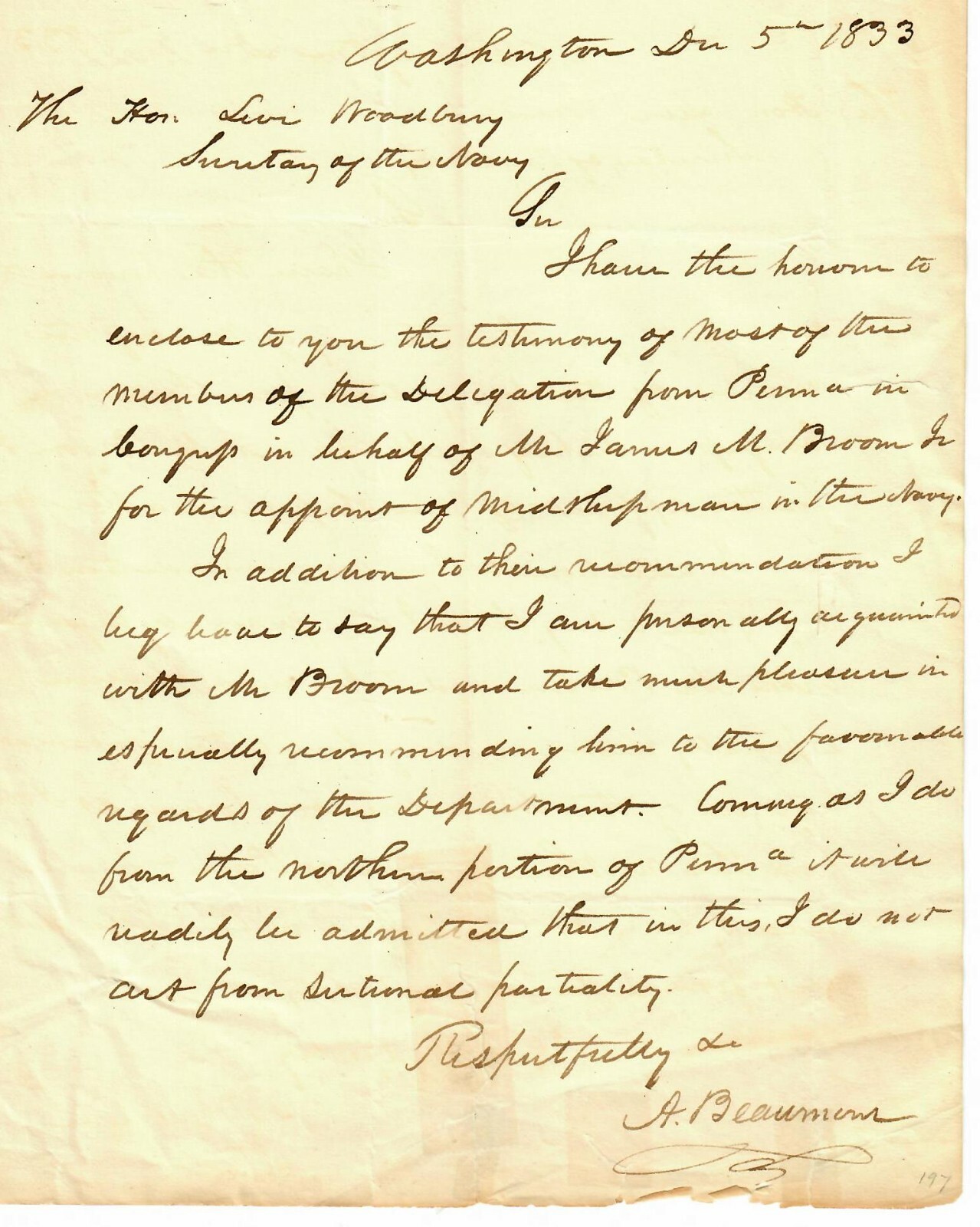 RARE! “Supreme Court Justice» Levi Woodbury Hand Written Letter From 1833 COA