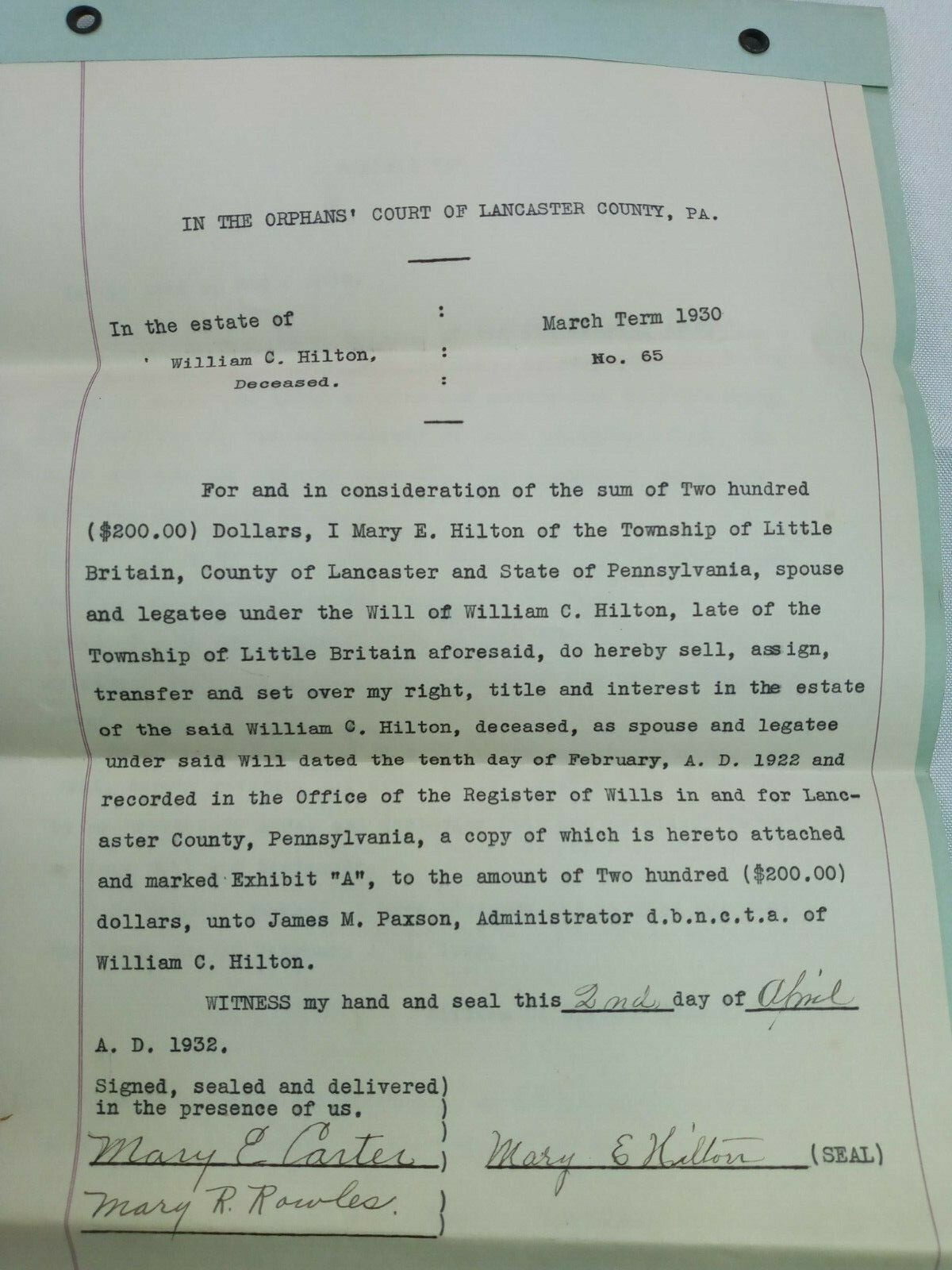 Vintage 1932 Adjudication of Will Little Britain Township Lancaster County of PA
