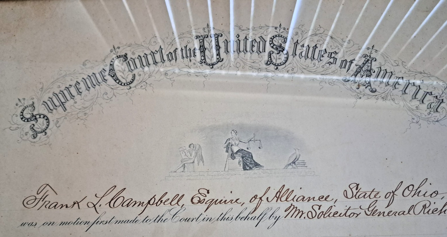 Frank L Campbell Antique 1900 Supreme Court ofthe United States Certificate Ohio