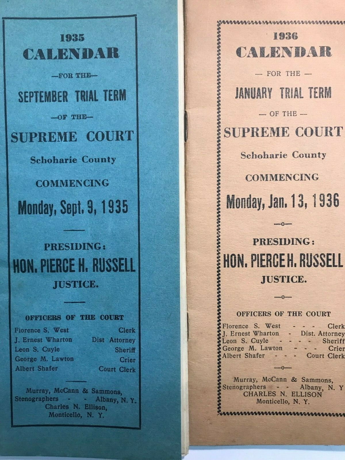 Schoharie County, N.Y. Supreme Court Calendar for 1934-1936: 4 Calendars total