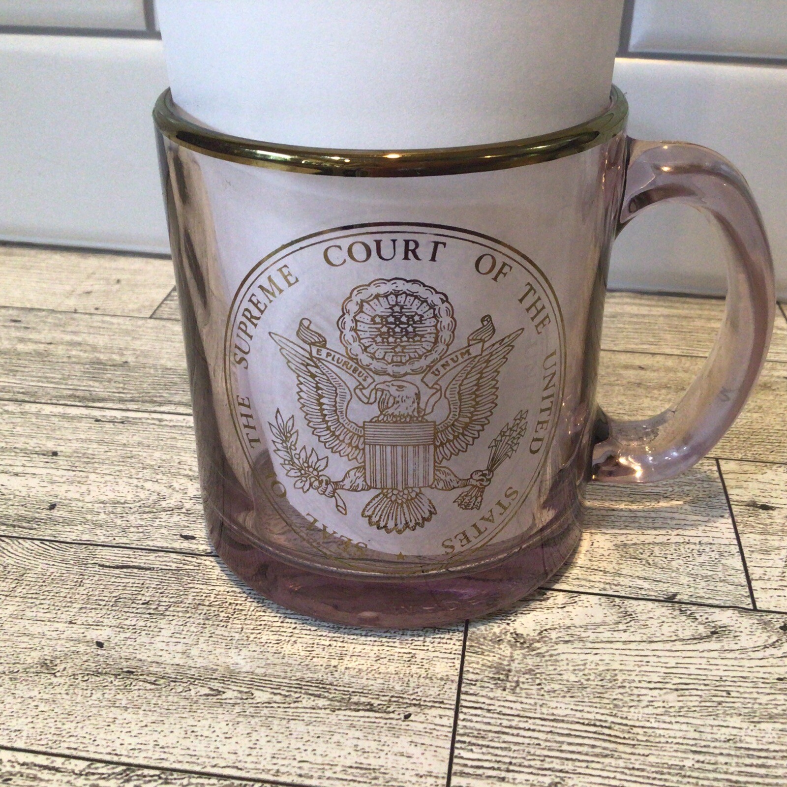 Supreme Court Of The United States Clear Pink GLASS Coffee Mug Gold Trim USA