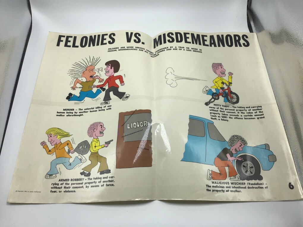 Original LAW Poster 1976 justice publications — FELONIES VS. MISDEMEANORS —