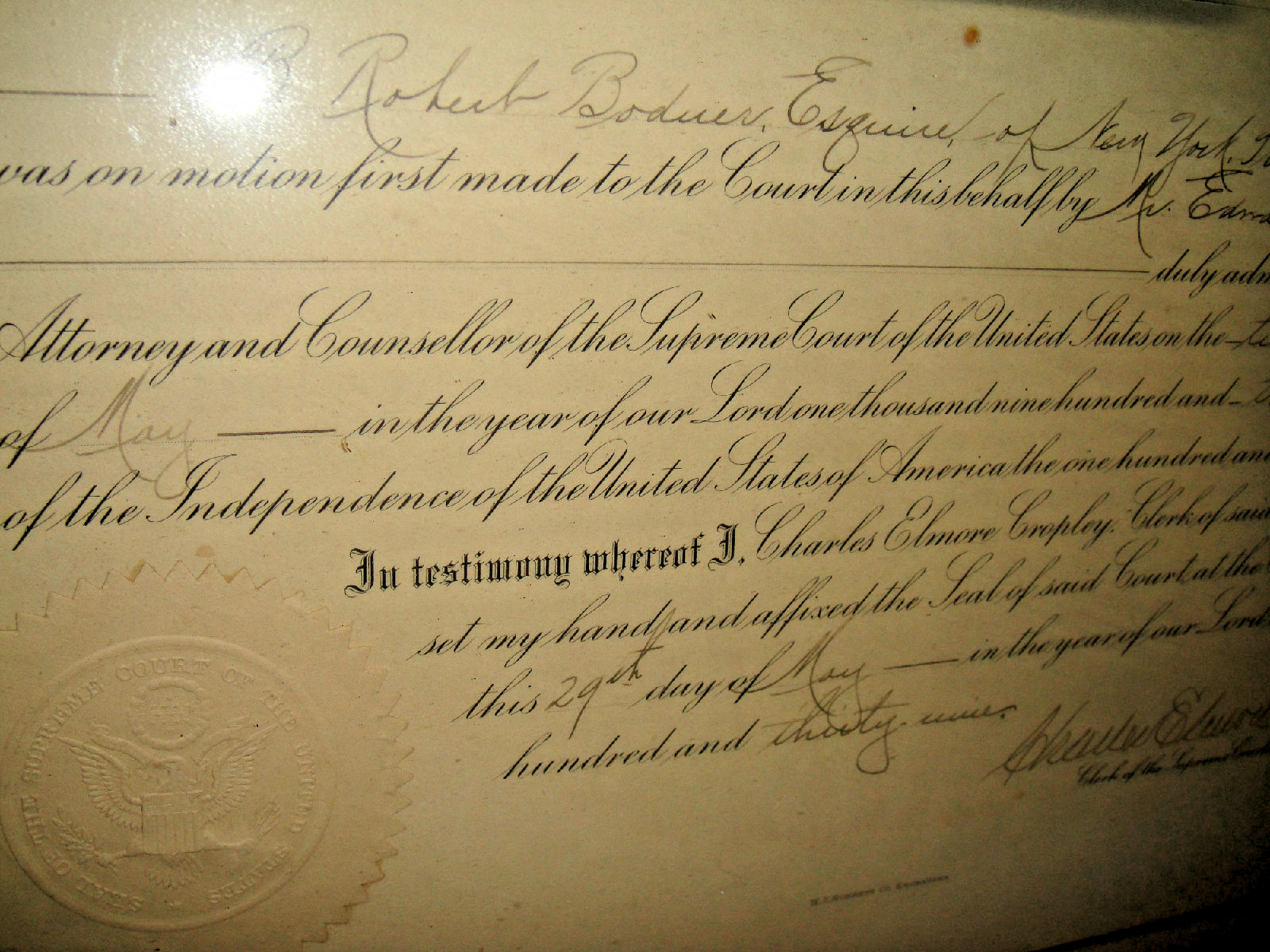 Antique U.S. Supreme Court Appointment Document New York 1930’S RARE Borduer