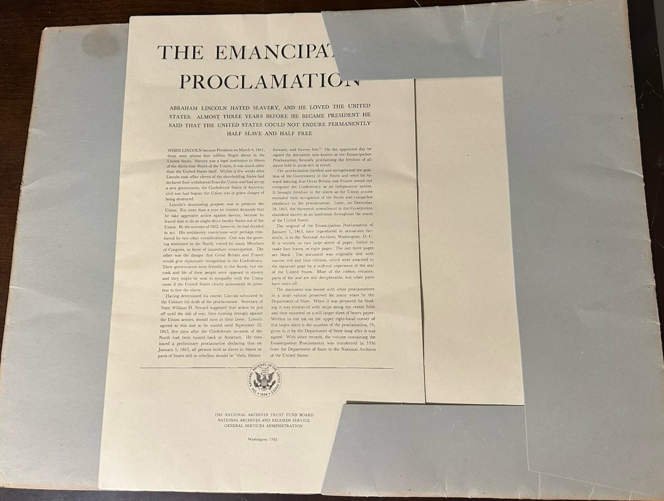 Giant Vintage Emancipation Proclamation Reproduction 1962 US History Lincoln