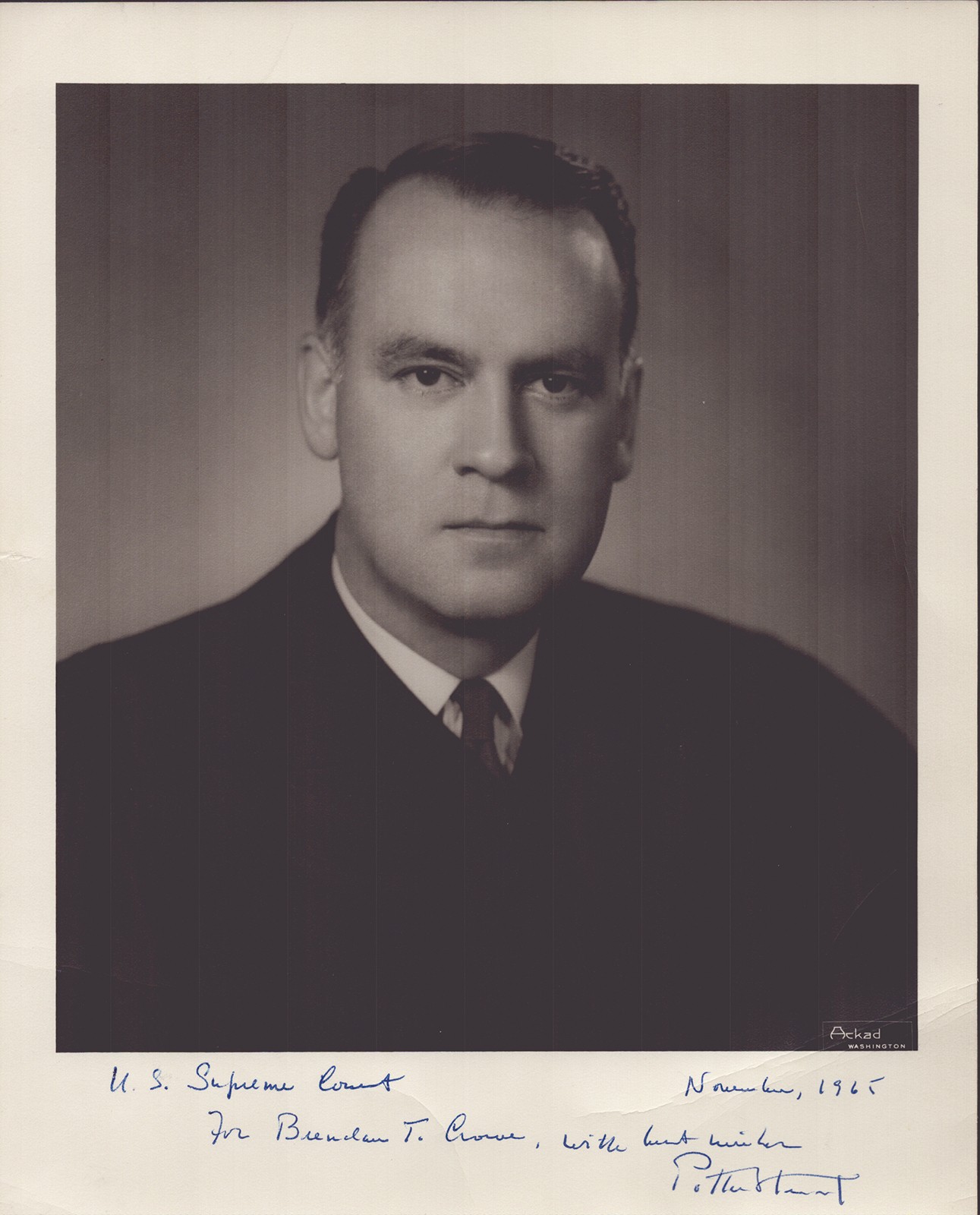POTTER STEWART – INSCRIBED PHOTOGRAPH SIGNED 11/1965
