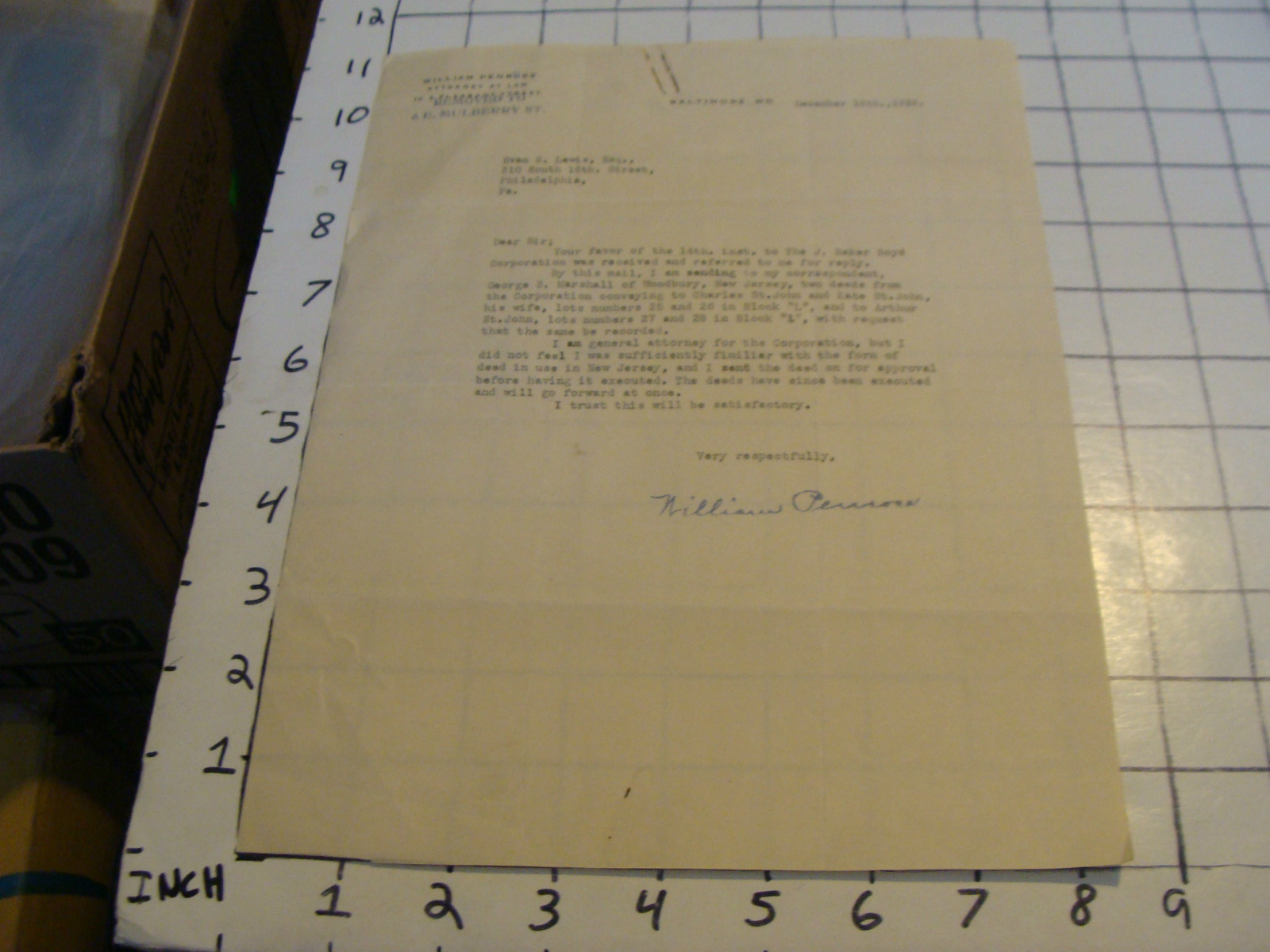 Original 1926 Letter: ATTORNEY WILLIAM PENROSE, Baltimore, MD to Evan Lewis