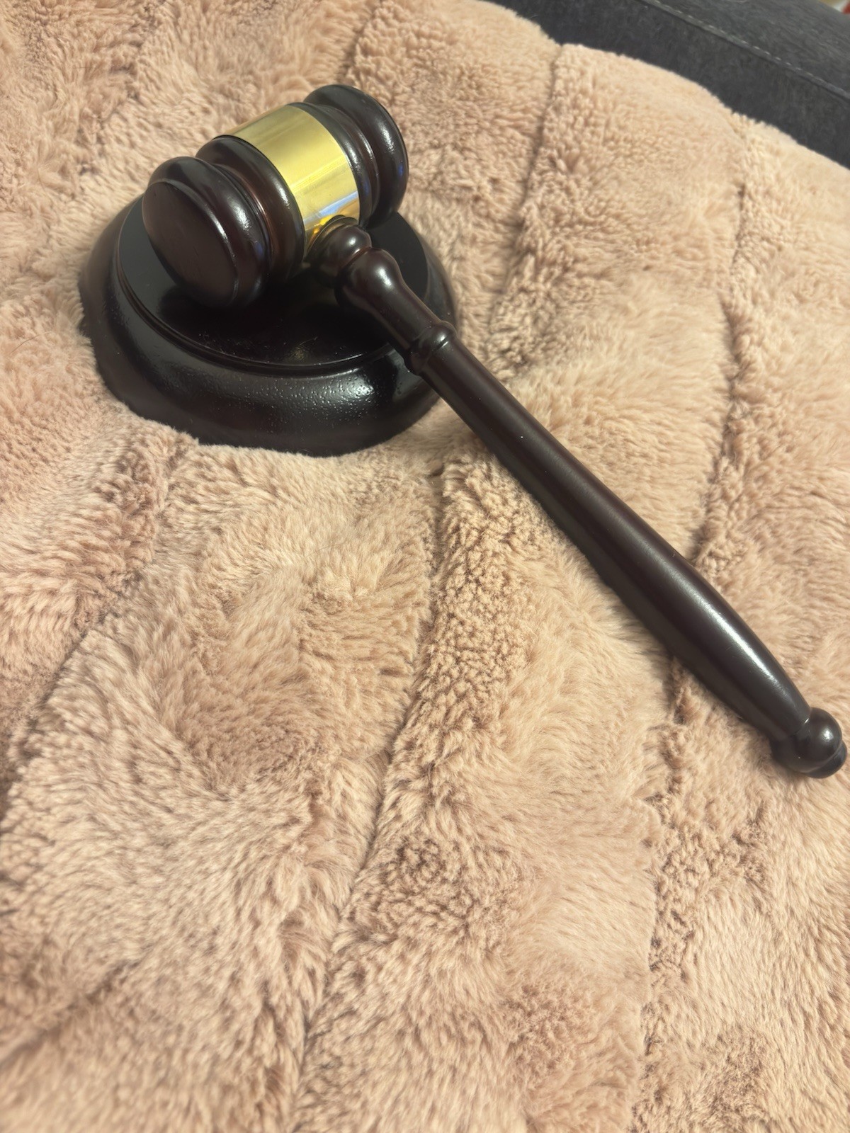 Dark Wood Judge’s Gavel with Sound Block Gold Band Legal Collectible