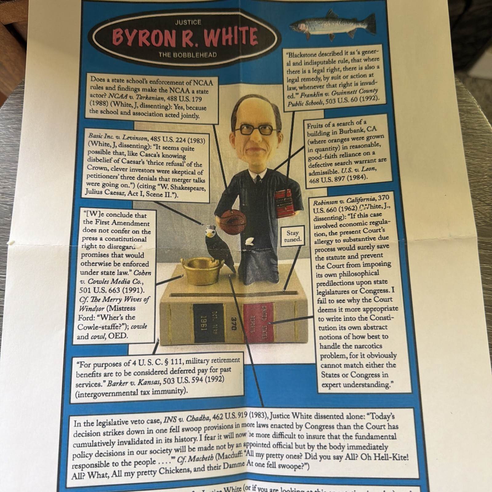 Byron White Bobblehead NUMBERED Green Bag Supreme Court Justice – 472/1206-NEW