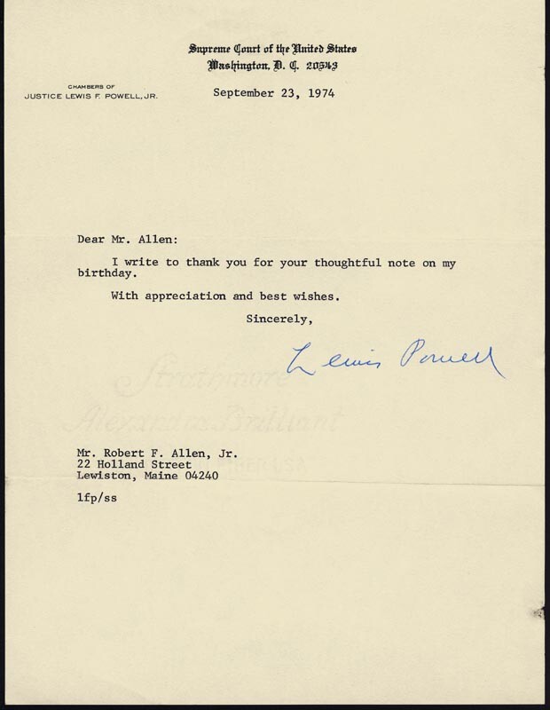 LEWIS F. POWELL JR. – TYPED LETTER SIGNED 09/23/1974