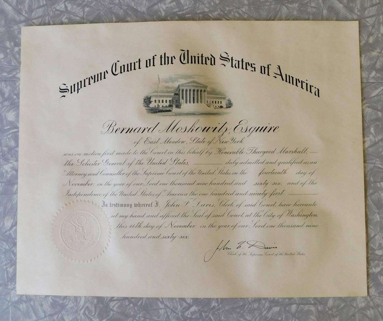 1966 Bar Admission Certificate to Supreme Court of The United States America USA