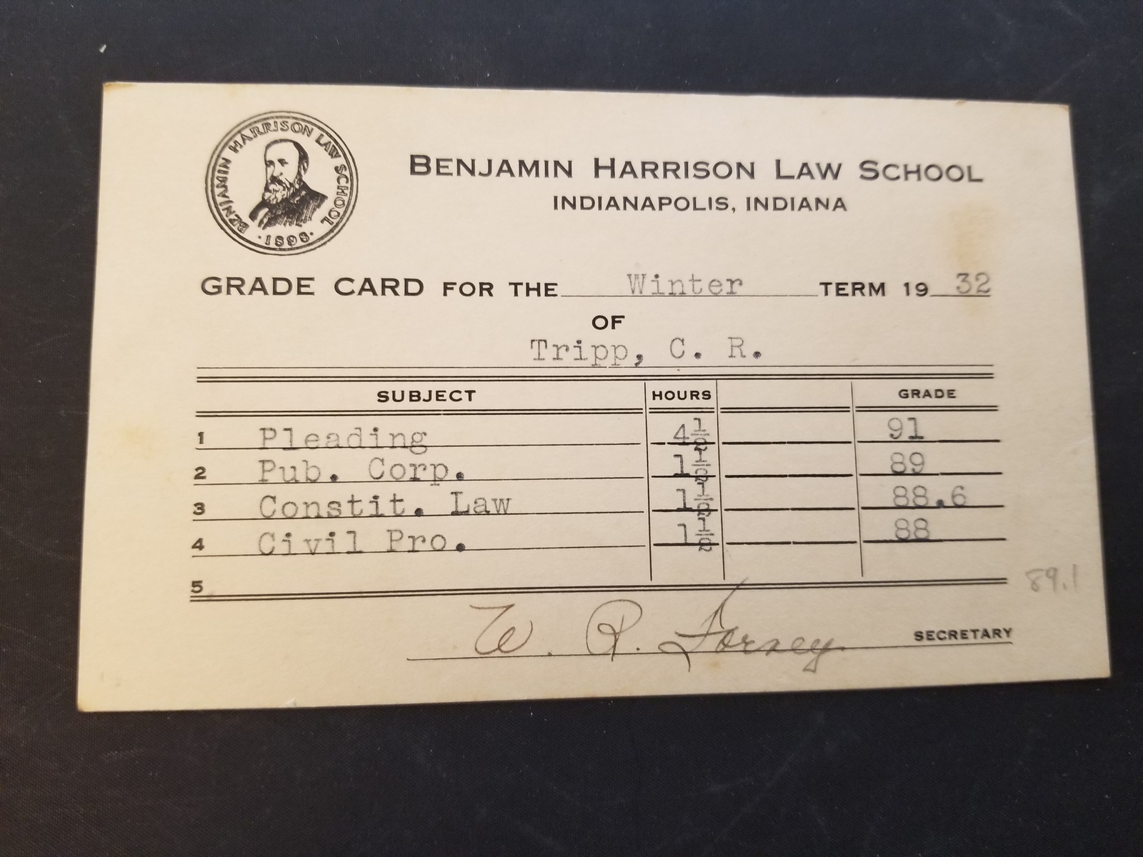 Lot Of 5 1930-1932 Benjamin Harrison Law School Grade Cards Charles R. Tripp