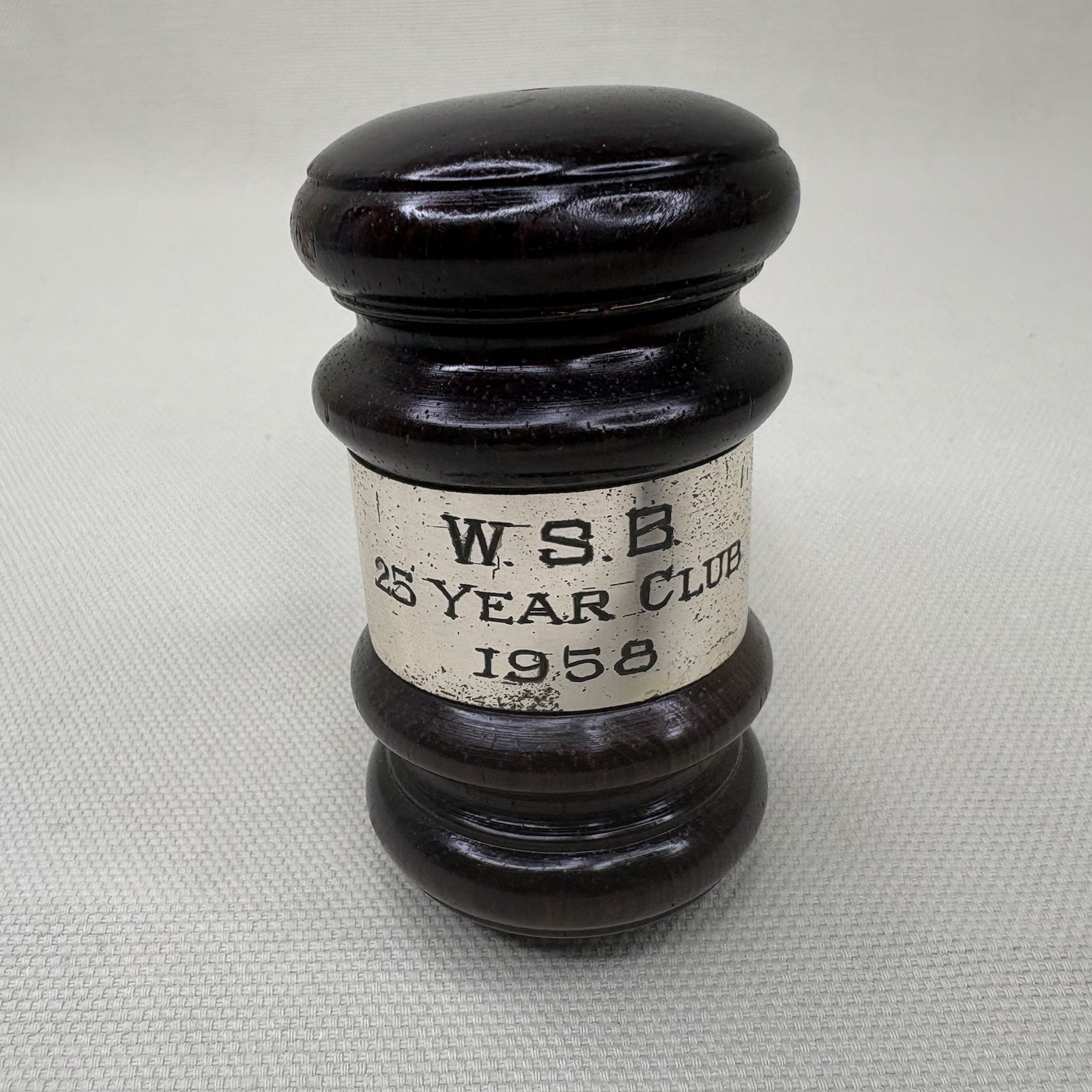 Vtg 1958 10 Inch Solid Rosewood Gavel w/ Sterling Silver Band • WSB 25 Year Club