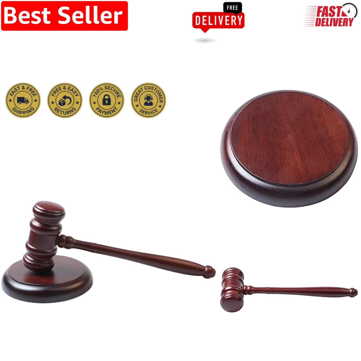 Wooden Gavel and Round Block Set – Ideal for Ceremonial Use and Gifts