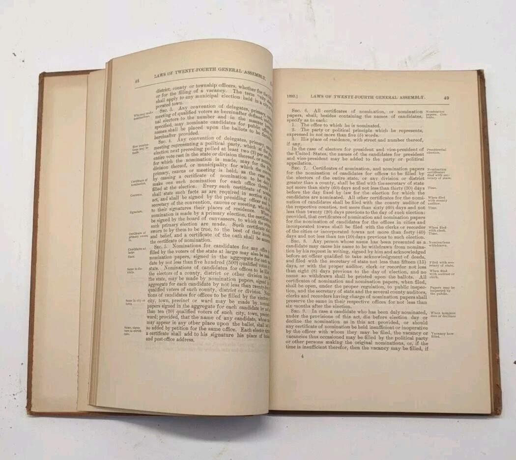 Laws Of Iowa Acts And Resolutions 1886, 1889, 1892. Three Hardcover Book Lot