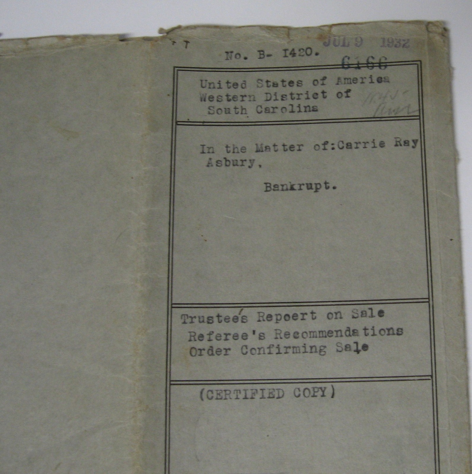 1932 Signed Bankruptcy Document Col. E. M. Blythe Attorney, Greenville, SC