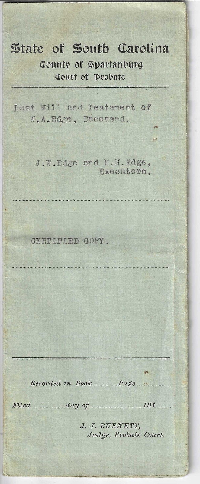 5 Vintage 1911 – 1949 STATE OF SOUTH CAROLINA Legal Documents: Will, Probate,