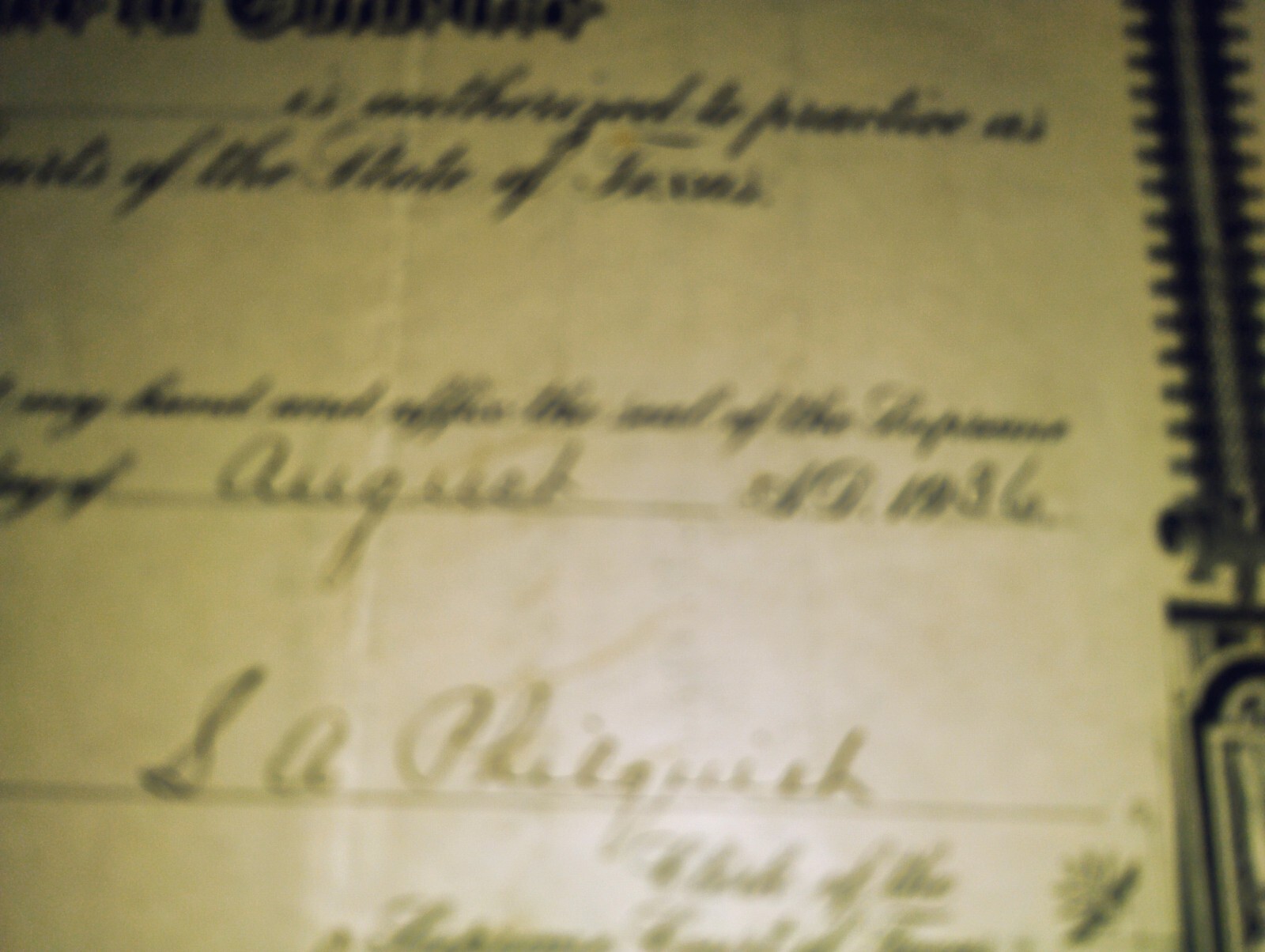 Original 1936 Supreme Court Of Texas State Bar Certificate w SEAL w Signatures