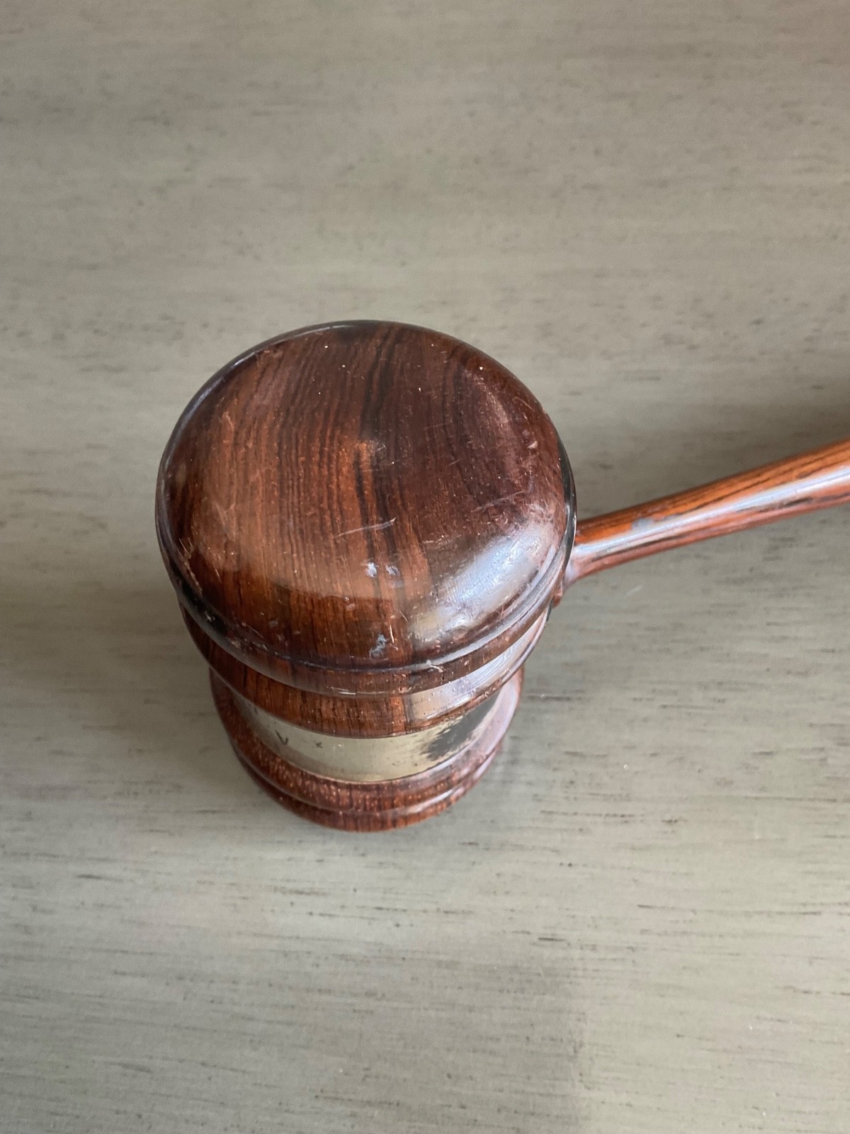Vintage Wooden Gavel 10 3/4” Long w metal band