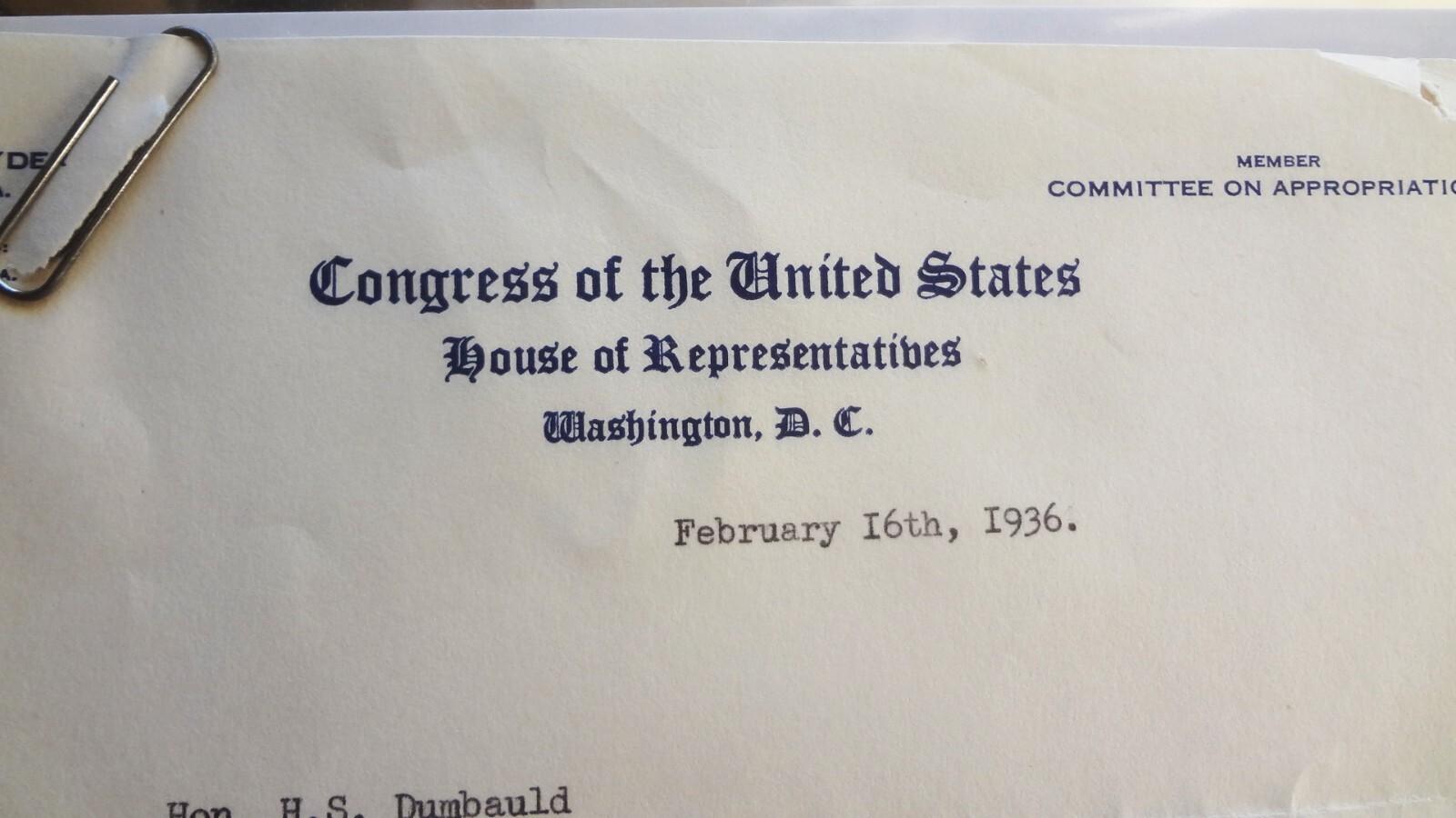 Historic Find~ 1936 CONGRESS HOUSE of REPRESENTATIVES LETTER to EDWARD DUMBAULD