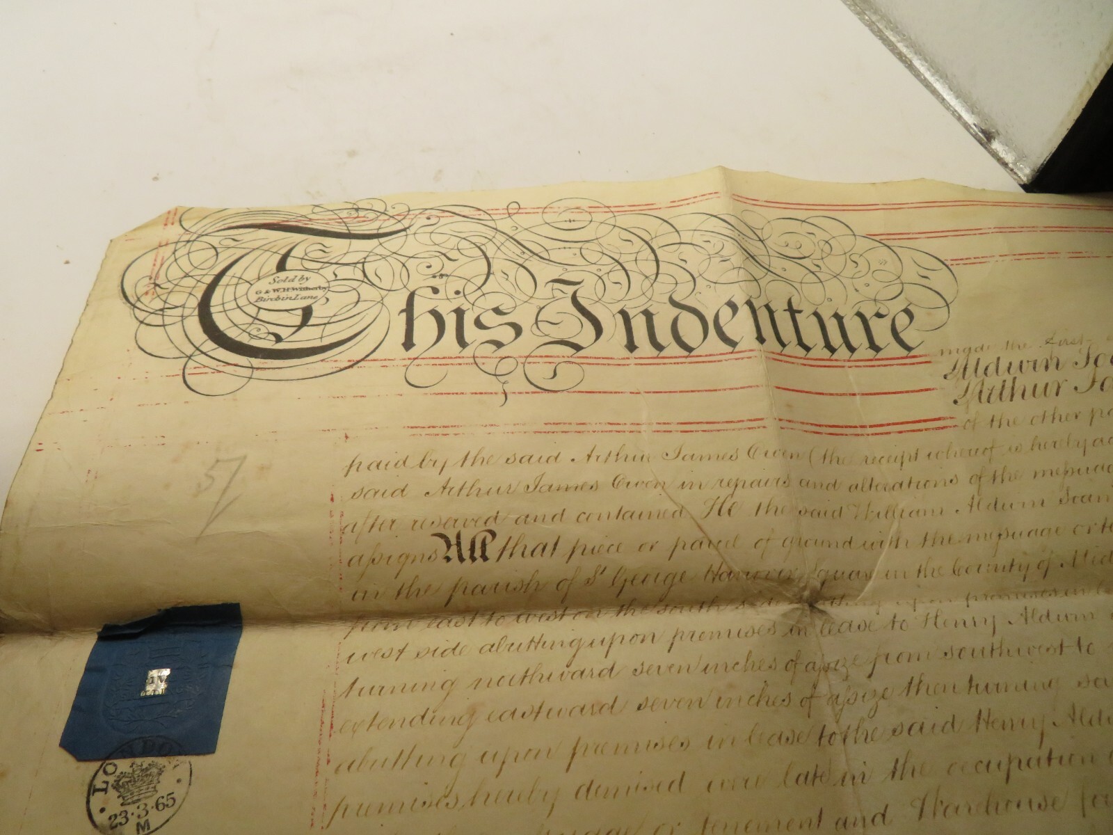 GREAT BRITAIN 1865 LARGE INDENTURE DOCUMENT WITH TAX STAMP OTHER WAX STAMP