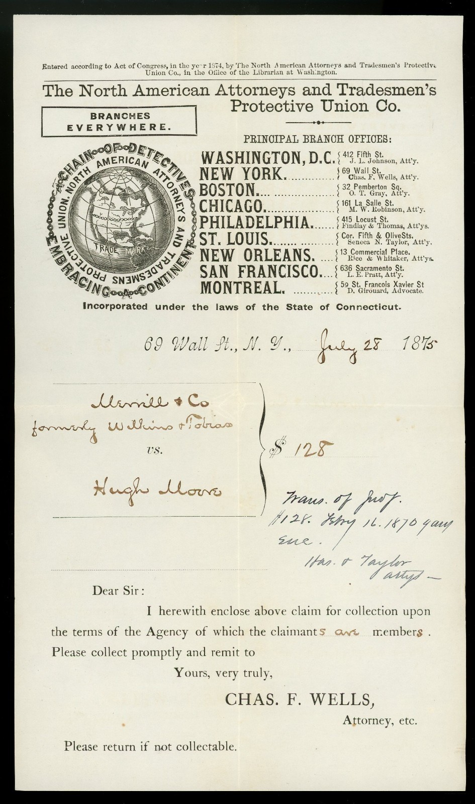 1875 Legal Document. North American Attorneys & Trademen’s Protective Union Co.