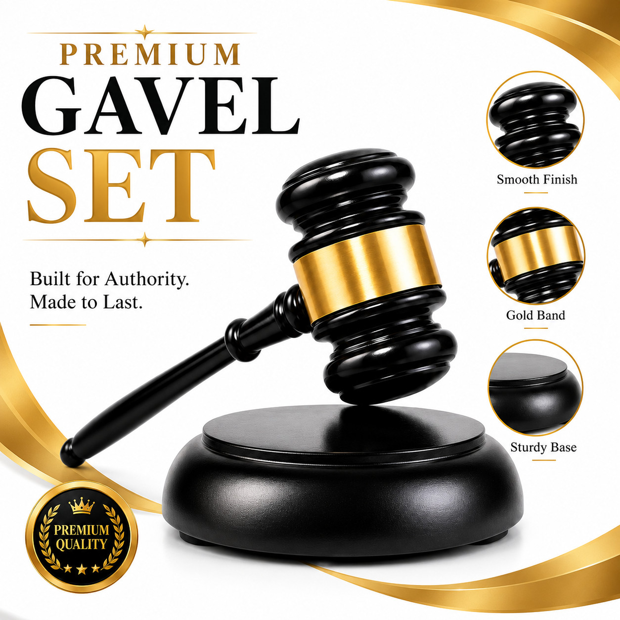 Premium Black Gold Gavel Hammer Set with Base for Court Auction Ceremony Decor