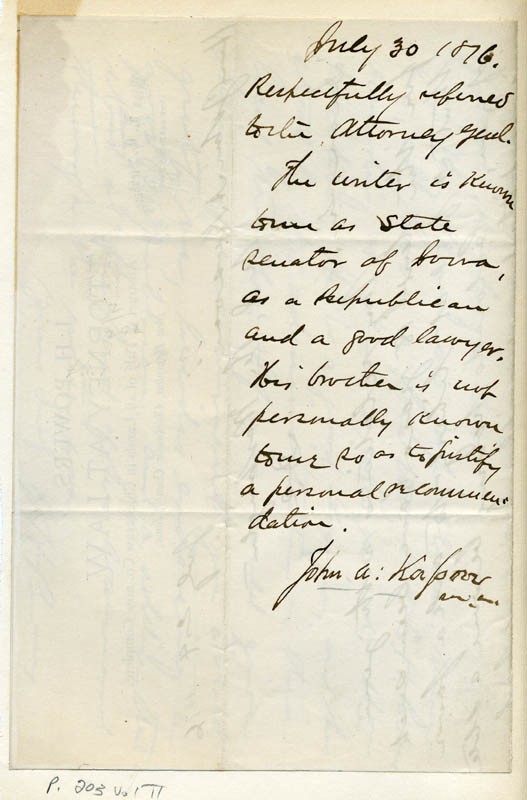 J. H. POWERS – AUTOGRAPH LETTER SIGNED 07/24/1876