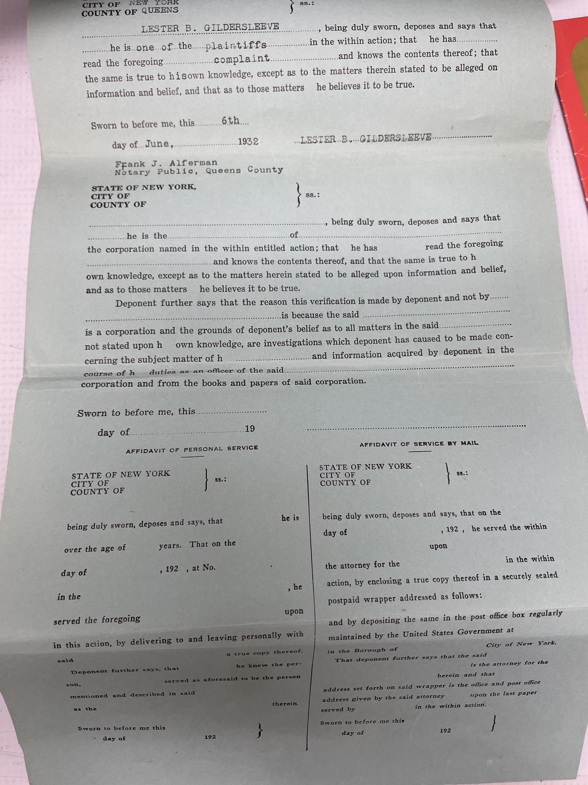 1932 New York Supreme Court Suffolk County Legal Document Summons Complaint