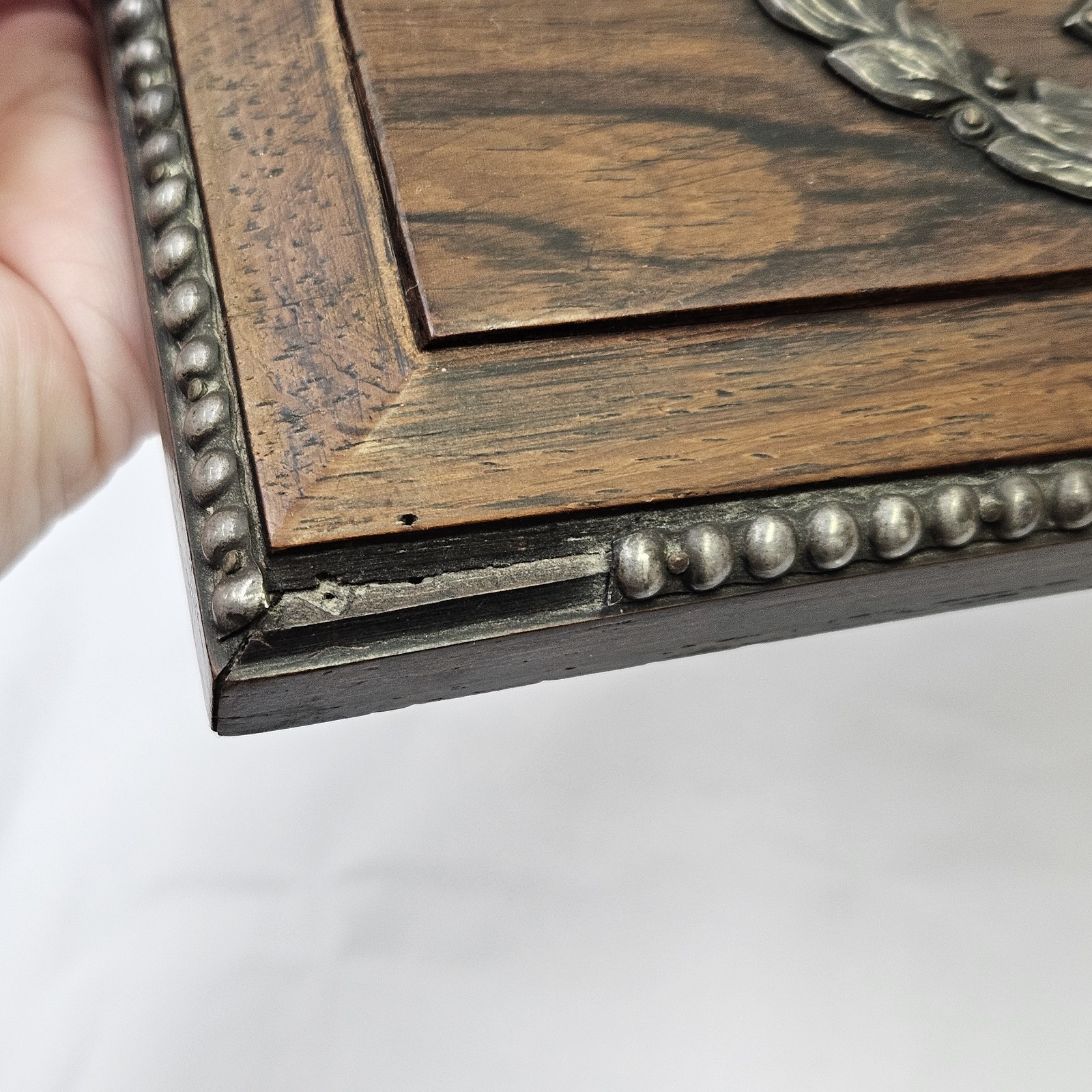 Reclaimed Antique LEX Judge Legal Law Justice Scales Box Lid Wood Silverplate