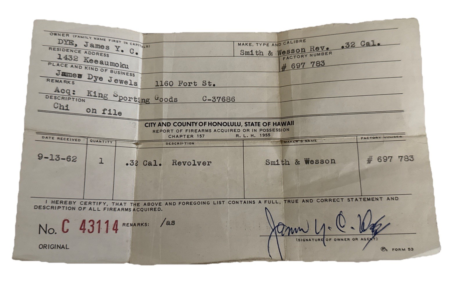 1962 Hawaii Firearms Registration Document – Smith & Wesson .32 Revolver