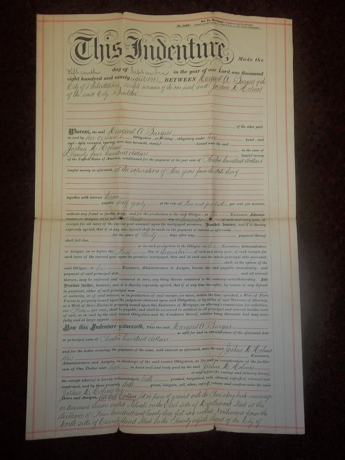 1898 Myrtlewood Street Philadelphia PA Mortgage Paperwork original